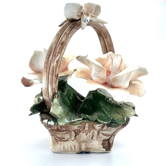 Vintage Capodimonte White Roses Flower Basket Made in Italy 5" Tall