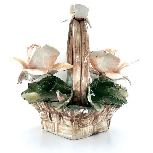 Vintage Capodimonte White Roses Flower Basket Made in Italy 5" Tall