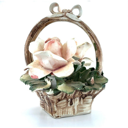 Vintage Capodimonte White Roses Flower Basket Made in Italy 5" Tall