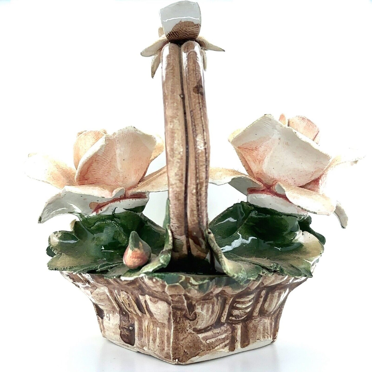 Vintage Capodimonte White Roses Flower Basket Made in Italy 5" Tall