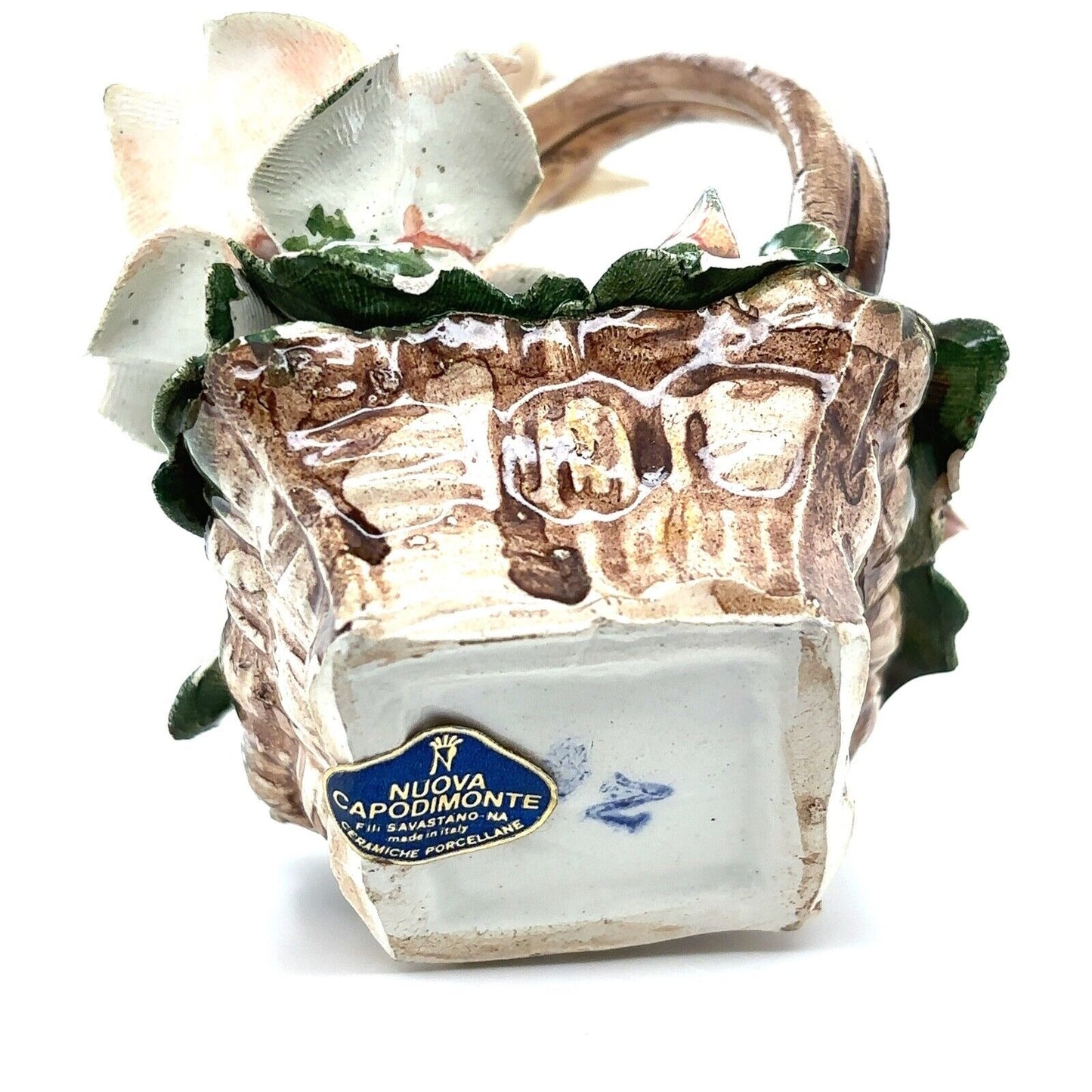 Vintage Capodimonte White Roses Flower Basket Made in Italy 5" Tall